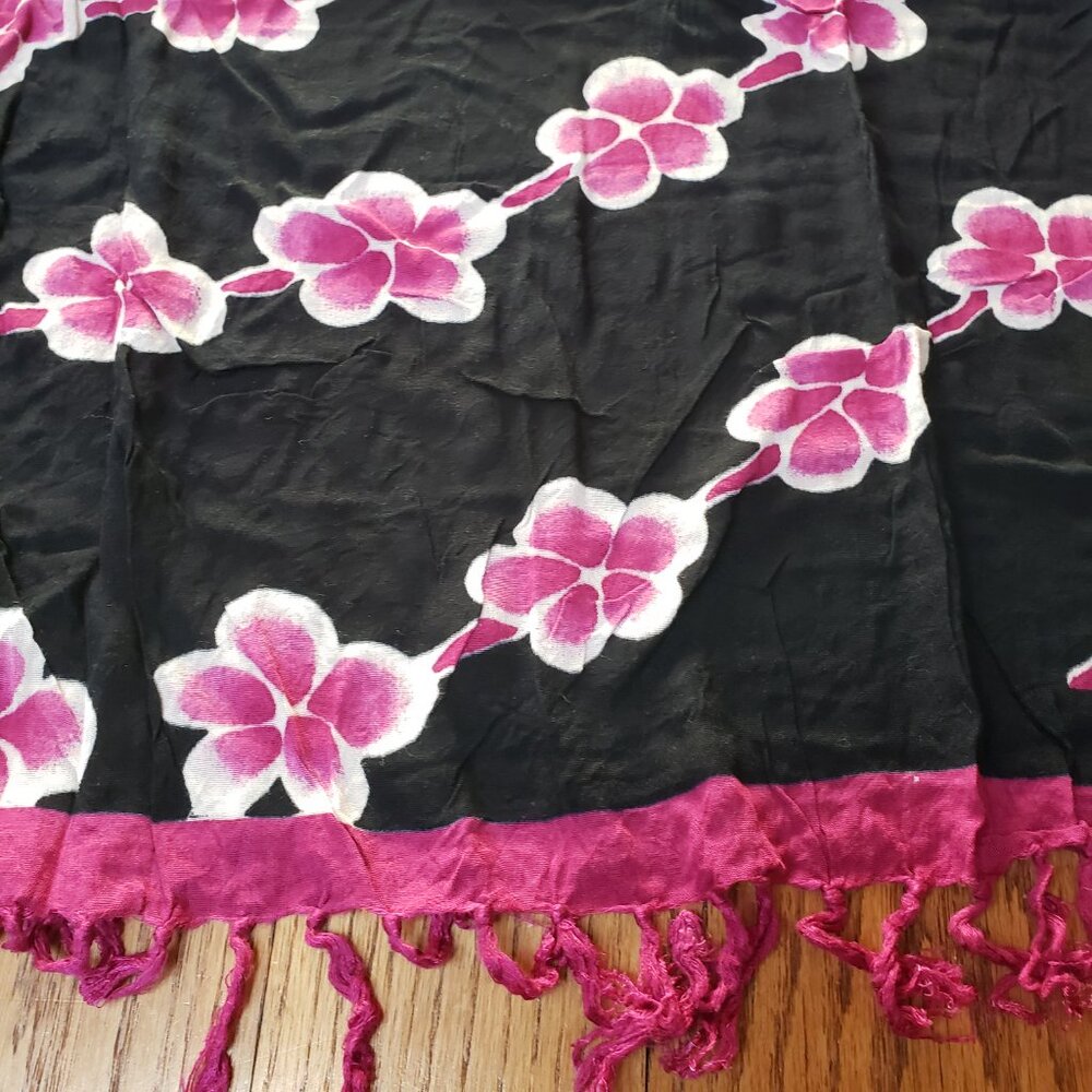 Hawaiian Floral Fringe Sarong Pareo Swim Cover Up wrap Black - Picture 3 of 6